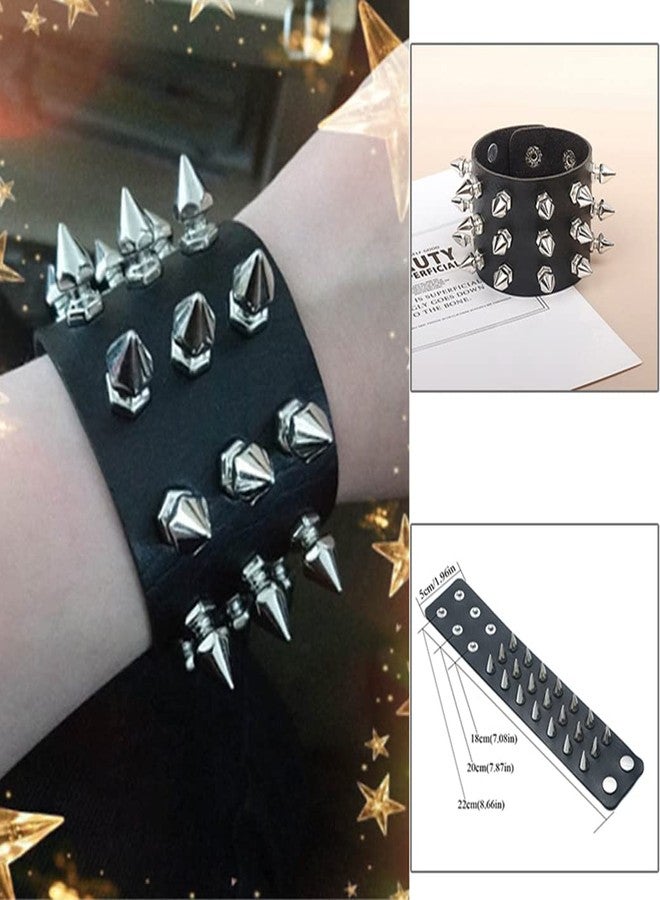 FIRAZIO 2 Pieces Punk Studded Bracelet Black Leather Rivet Bracelet Cuff Wrap Bangle for Women Men Snap Button Goth Rock Wristband Bracelet Unisex for Halloween Party Favors Accessories - Image 4